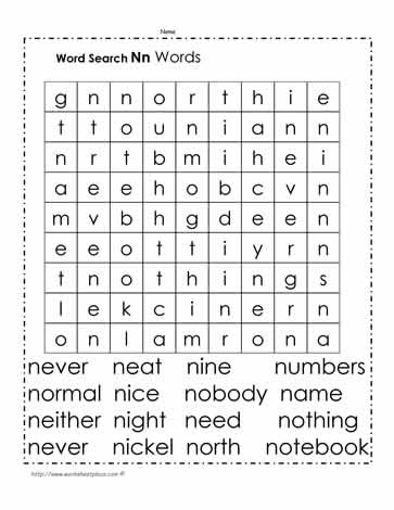 Words Beginning with N Wordsearch